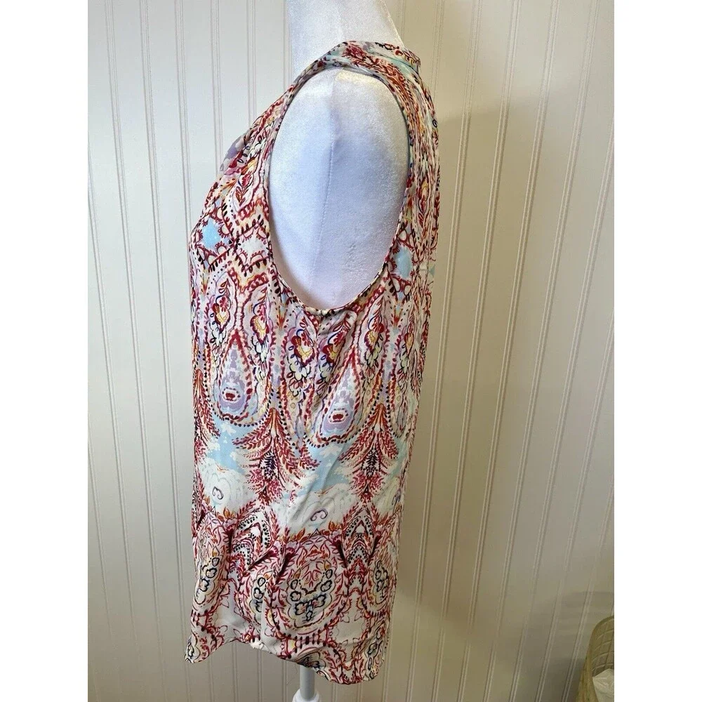 Rose & Olive Sleeveless Peasant Style Blouse, Tie Neck,‎ Gorgeous Colors, Sz Med - Picture 6 of 11